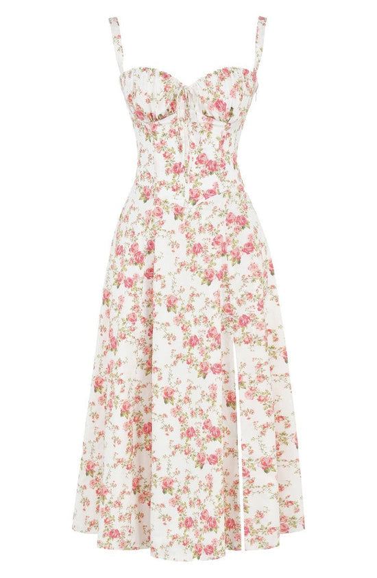Women's floral maxi dress with sweetheart neckline, side slit, and waist tie for summer elegance.