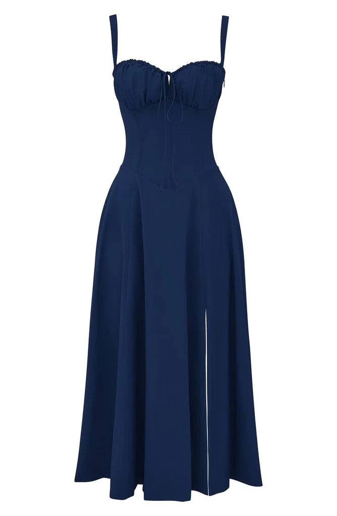 Breezy floral print maxi dress for women, ideal for spring & summer, with sweetheart neck & leg slit.