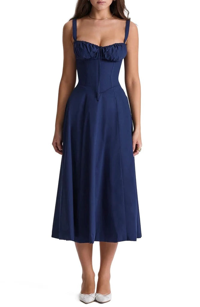 Women's elegant floral maxi dress with a sweetheart neckline, waist-cinching tie, and daring side slit.
