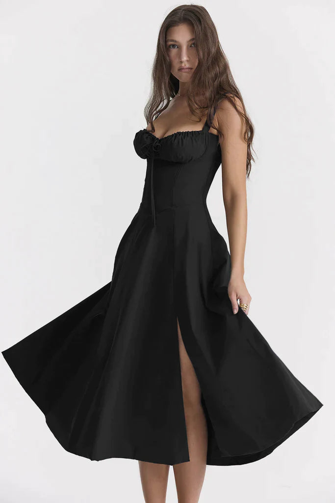 Casual chic women's floral maxi dress, "Fleur," featuring a flattering sweetheart neck & summer slit.