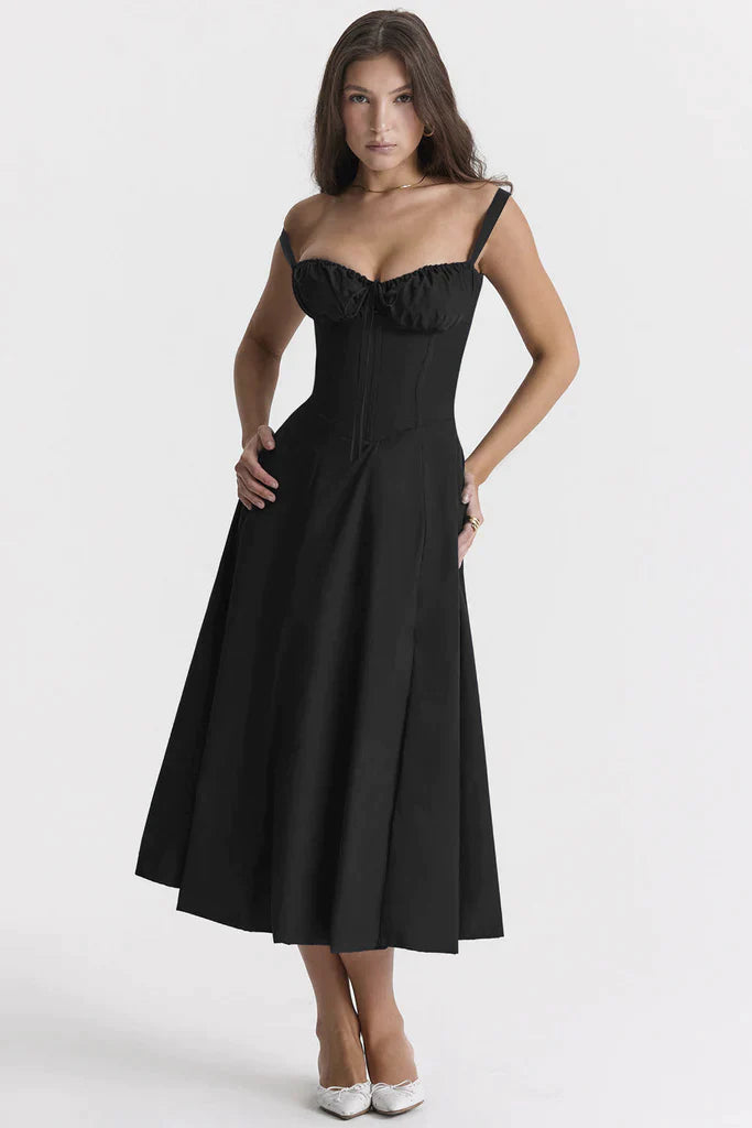 Garden party women's floral maxi dress, sleeveless, with a sweetheart neckline, waist tie, & side slit.