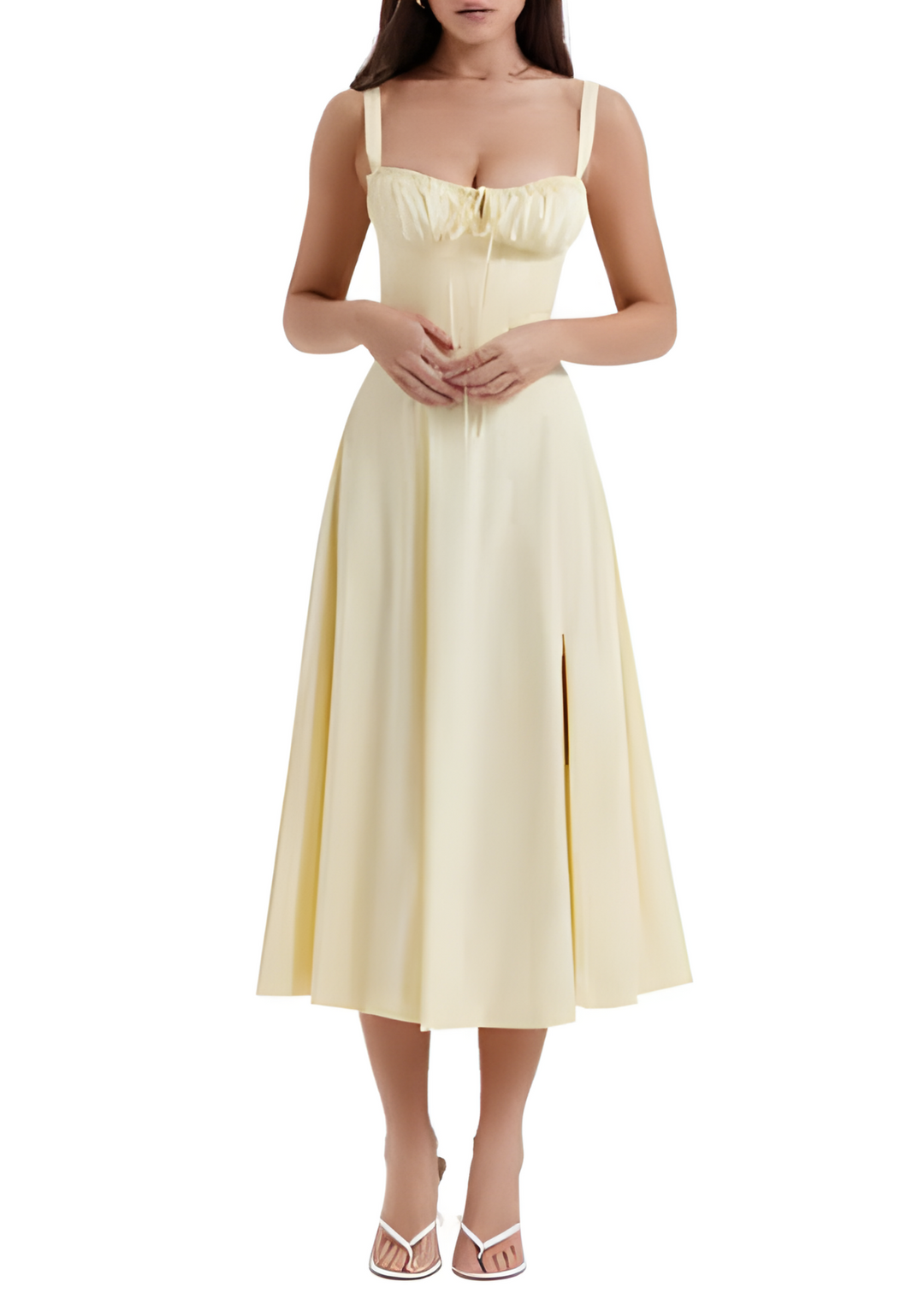 Elegant women's floral maxi dress with a sweetheart neckline, sleeveless design, and a stylish leg slit.