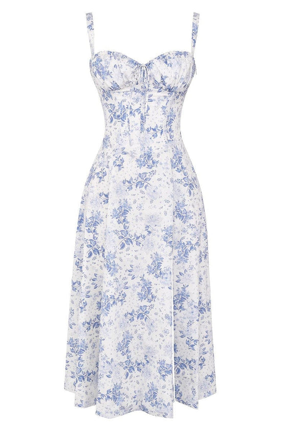 Flattering floral maxi dress by Fleur for women, featuring a sweetheart neckline and elegant side slit.