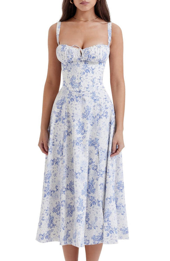 Summer garden party women's floral maxi dress with a defined waist, sweetheart neckline, and side slit.