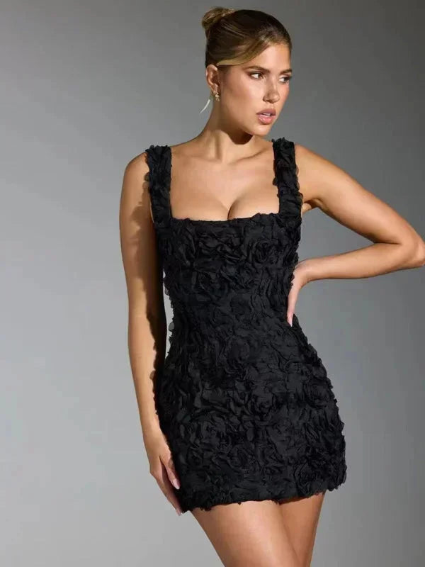 Women's sleeveless floral textured mini dress, a sophisticated option for any special event.