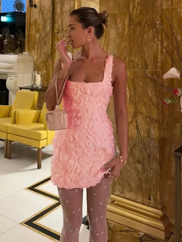 Elegant textured floral mini cocktail dress for women, ideal for parties & special events.