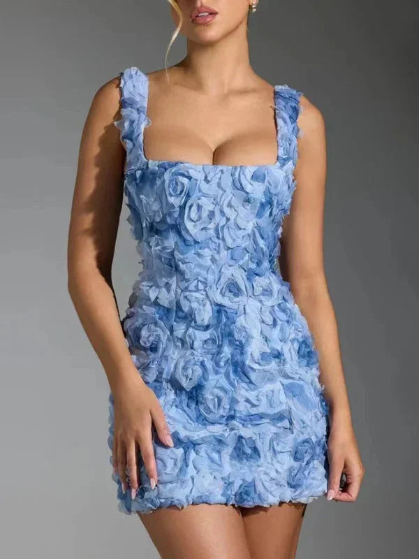 Vibrant floral textured mini dress for women, a celebratory choice for parties & events.