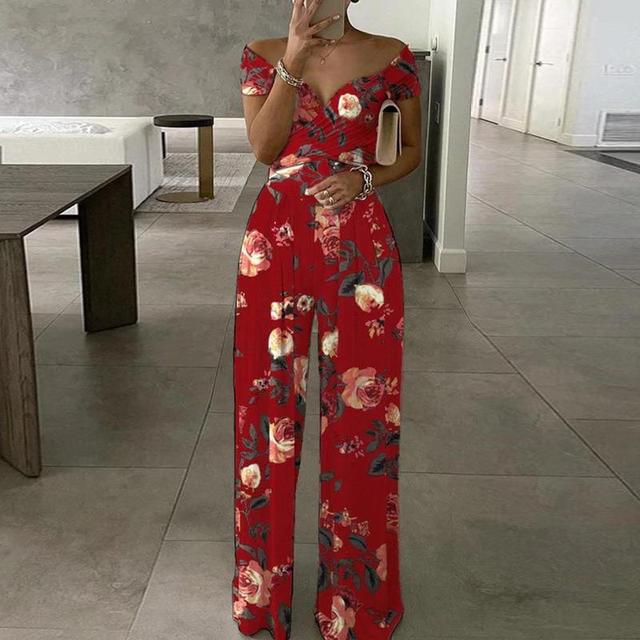 Casual yet chic women's floral off-shoulder wide-leg jumpsuit, excellent for summer fashion and vacation outfits.