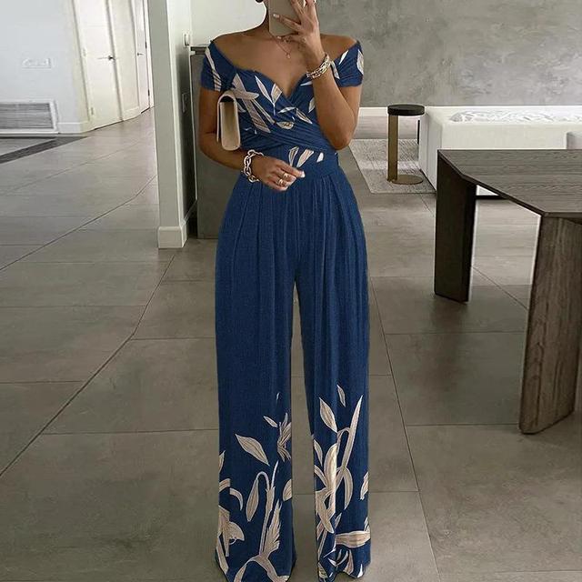Printed floral off-shoulder wide-leg jumpsuit for women. A trendy summer outfit for parties and elegant casual wear.