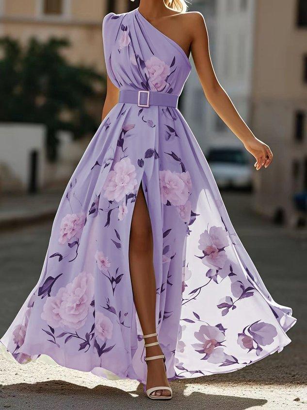 Model wearing women's floral one-shoulder A-line maxi dress with ruched waist, perfect for special events & parties.