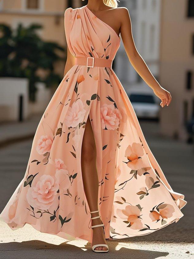 Beautiful women's floral maxi dress; elegant one-shoulder A-line design with flattering ruched waist, party-ready.