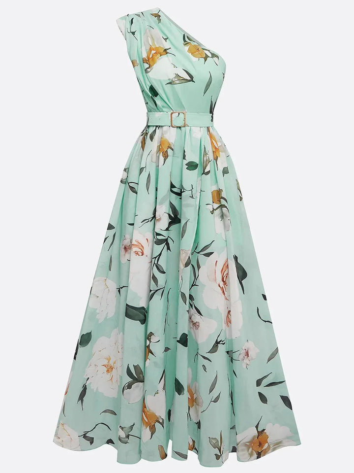 Elegant women's floral print one-shoulder maxi dress, ideal for wedding guests & summer special occasion events.