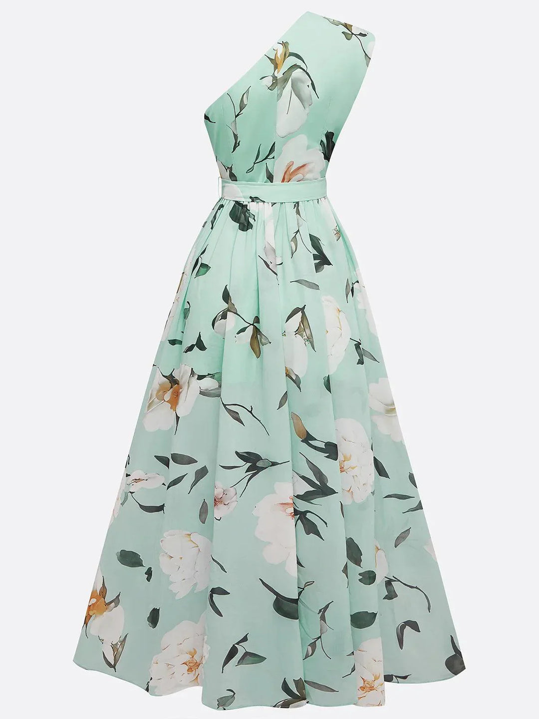 Stylish women's A-line long dress with vibrant floral print, one shoulder design & flattering ruched waist detail.