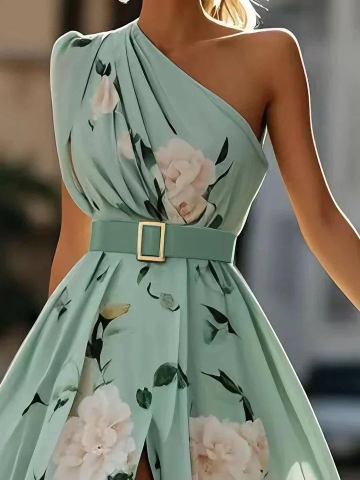 Flowy women's floral one-shoulder maxi dress, a ruched A-line silhouette for comfortable & elegant summer style.