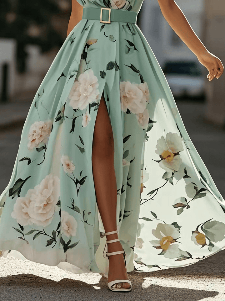 Vibrant floral print one-shoulder maxi dress for women, featuring a chic A-line cut & sophisticated ruched waist.