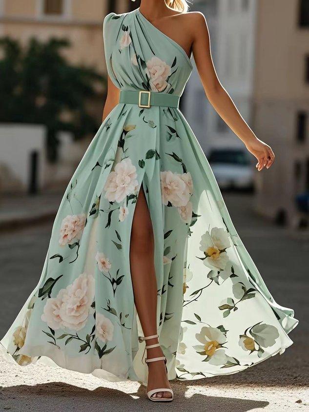 Chic women's floral party dress; a one-shoulder A-line maxi with ruched waist, perfect for summer celebrations.