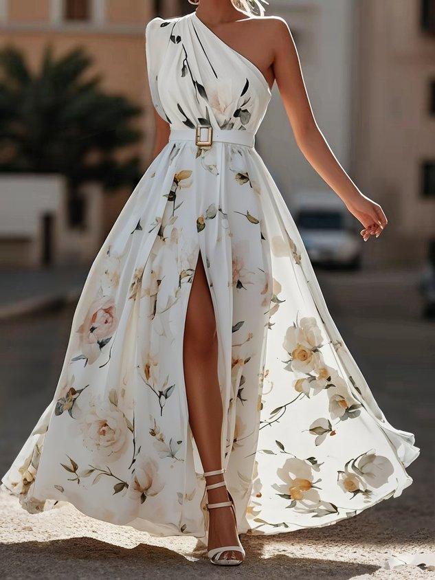 Women's elegant floral print long dress; one-shoulder A-line maxi, ruched for a flattering fit, versatile occasion wear.