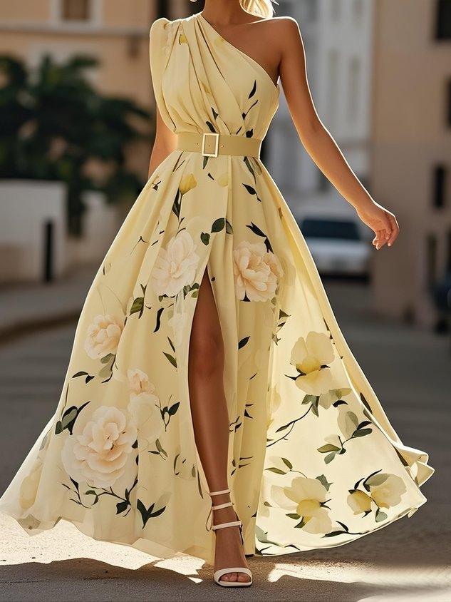 Summer-ready women's floral one-shoulder A-line maxi dress, featuring a ruched waist & elegant long skirt.