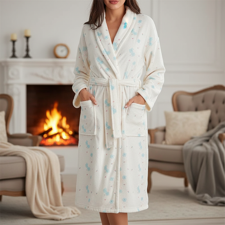 Women's floral pattern flannel bathrobe, cozy loungewear for comfortable sleepwear