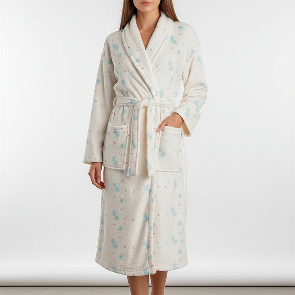 Elegant women's flannel robe with a beautiful floral pattern, perfect for cozy evenings