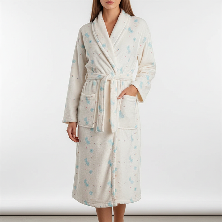 Elegant women's flannel robe with a beautiful floral pattern, perfect for cozy evenings