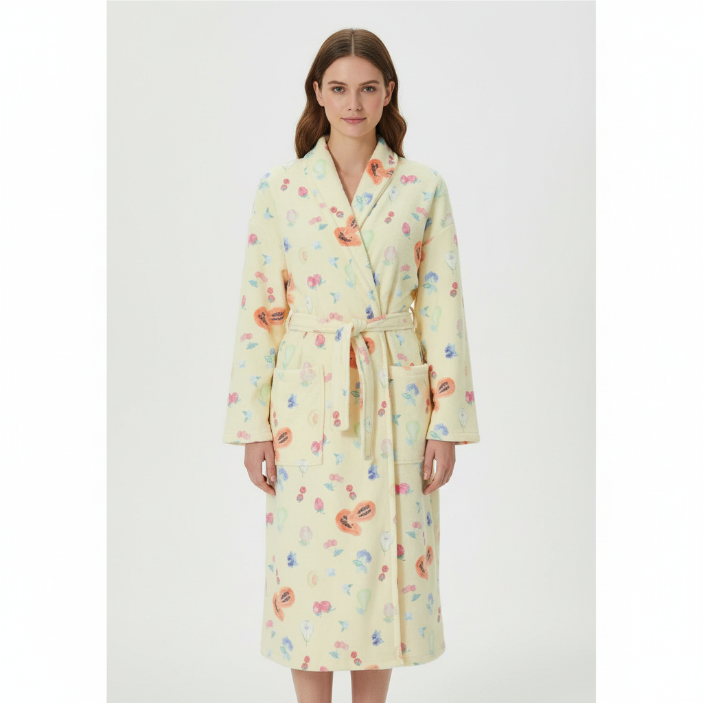Julia floral pattern flannel bathrobe for women, a cozy and elegant sleepwear choice