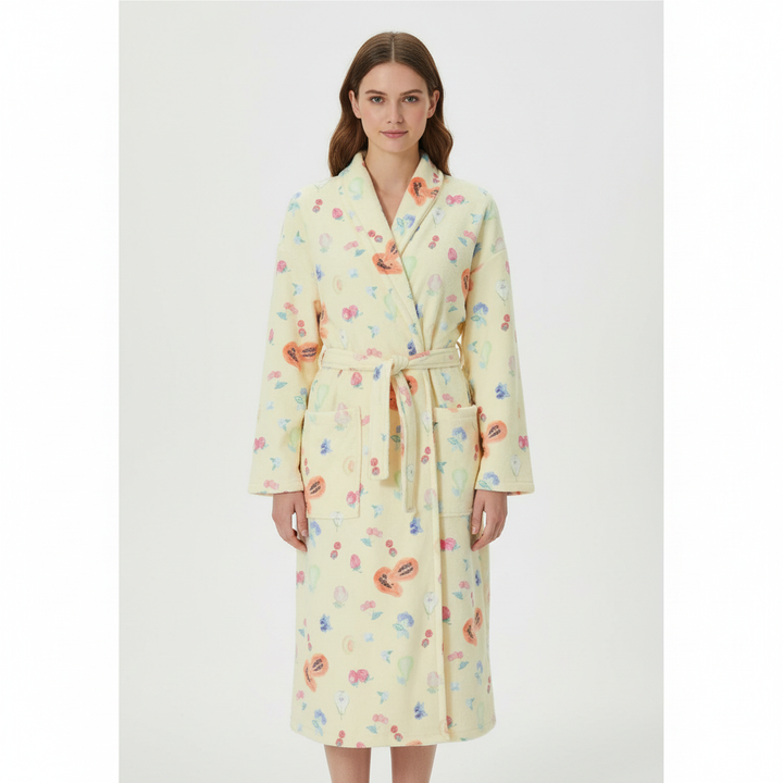 Julia floral pattern flannel bathrobe for women, a cozy and elegant sleepwear choice
