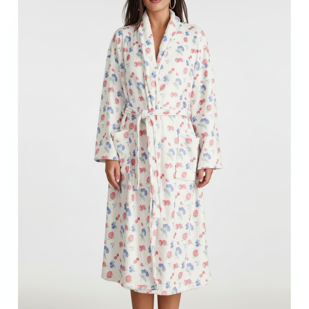 Comfortable women's flannel robe featuring an intricate floral design, loungewear essential