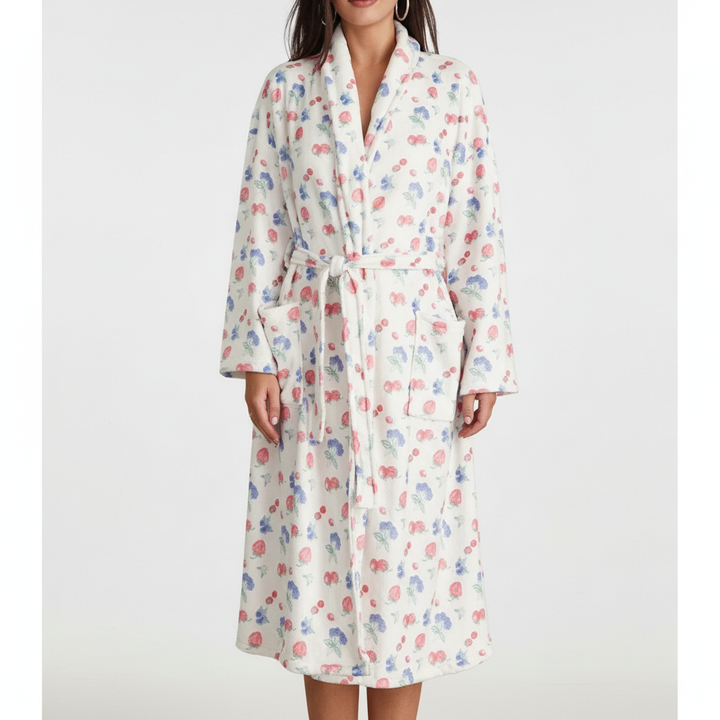 Comfortable women's flannel robe featuring an intricate floral design, loungewear essential