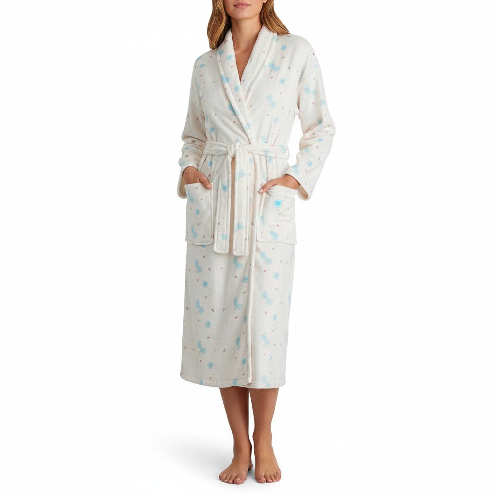 Warm women's floral pattern flannel bathrobe, perfect for relaxing at home