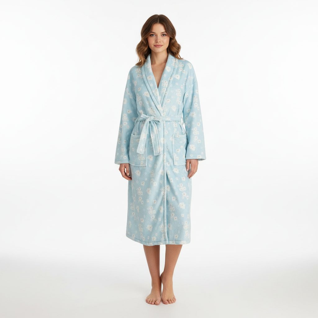 Stylish women's floral flannel robe, offering cozy comfort and elegant style