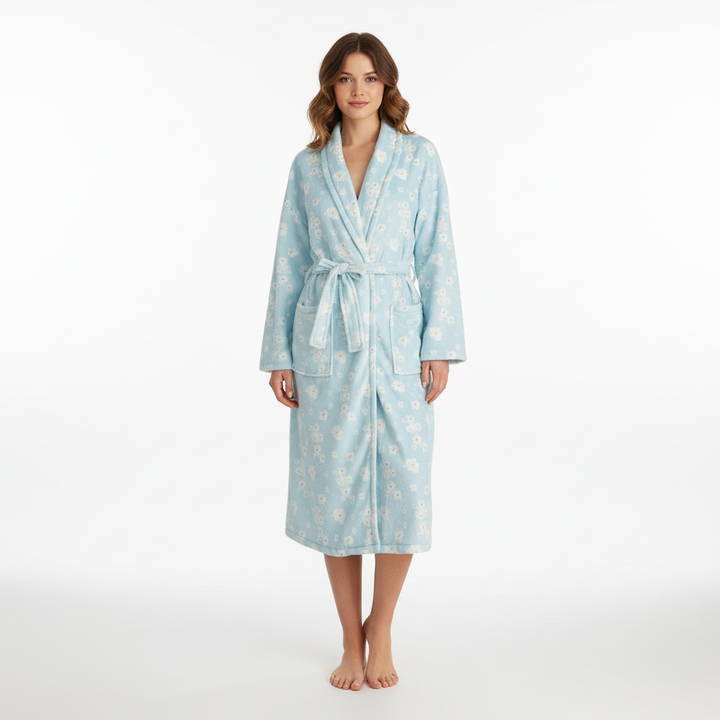Stylish women's floral flannel robe, offering cozy comfort and elegant style