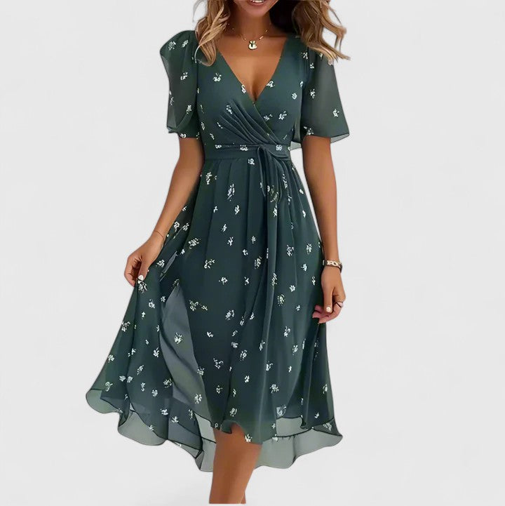 Asymmetrical hem floral midi dress for women, with a plunging V-neck and flutter sleeves.