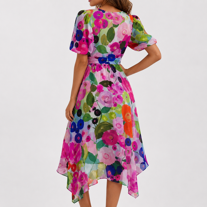 Women's floral garden party midi dress, elegant plunging V-neck & delicate flutter sleeves.