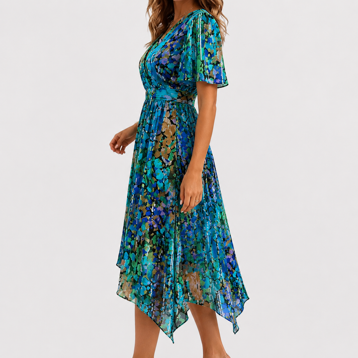 Women's party dress: vibrant floral print, plunging V-neck, flutter sleeves, midi length.