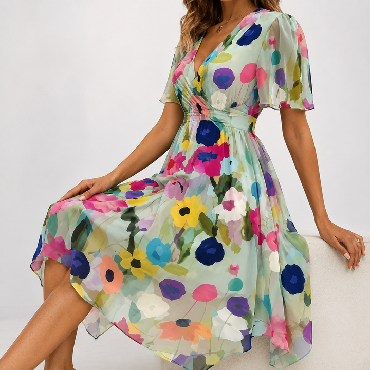 Elegant floral midi dress for women, featuring a plunging V-neck and pretty flutter sleeves.