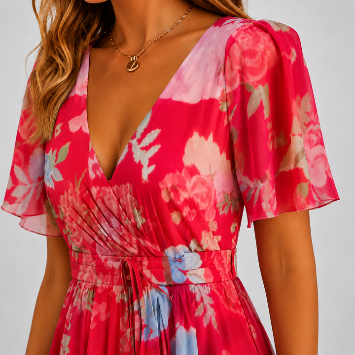 Elegant women's floral midi dress with flutter sleeves, perfect for a garden party.