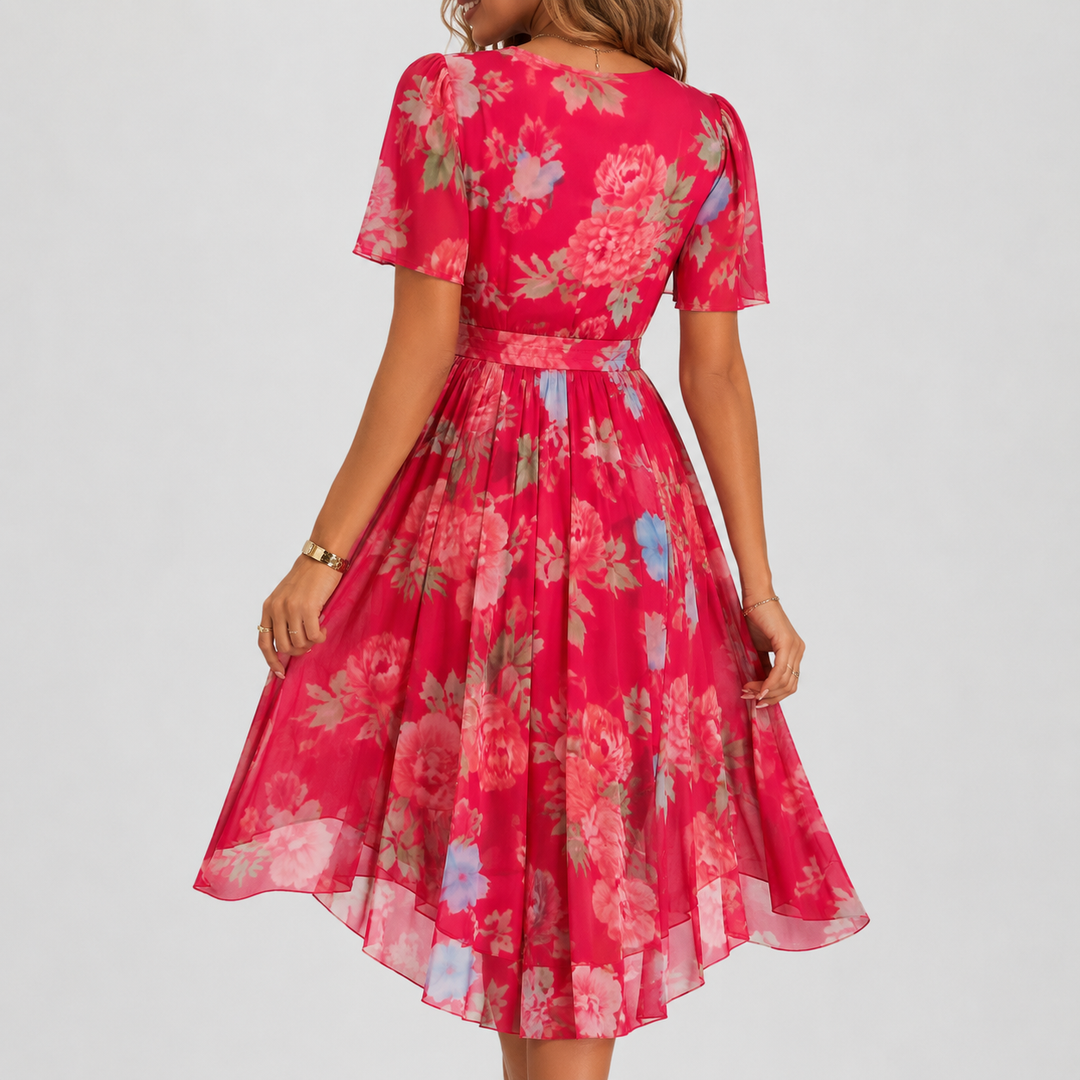 Beautiful floral print midi dress, women's plunging V-neck, and delicate flutter sleeves.