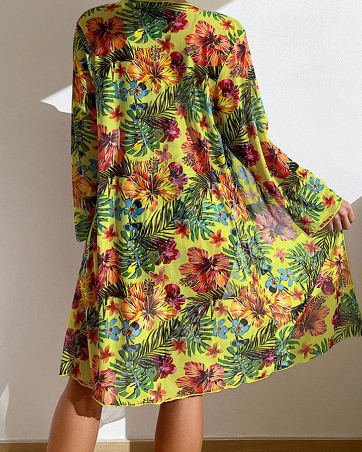 Women's summer floral bikini with wrap skirt, a complete 3-piece beachwear set for poolside & vacation.