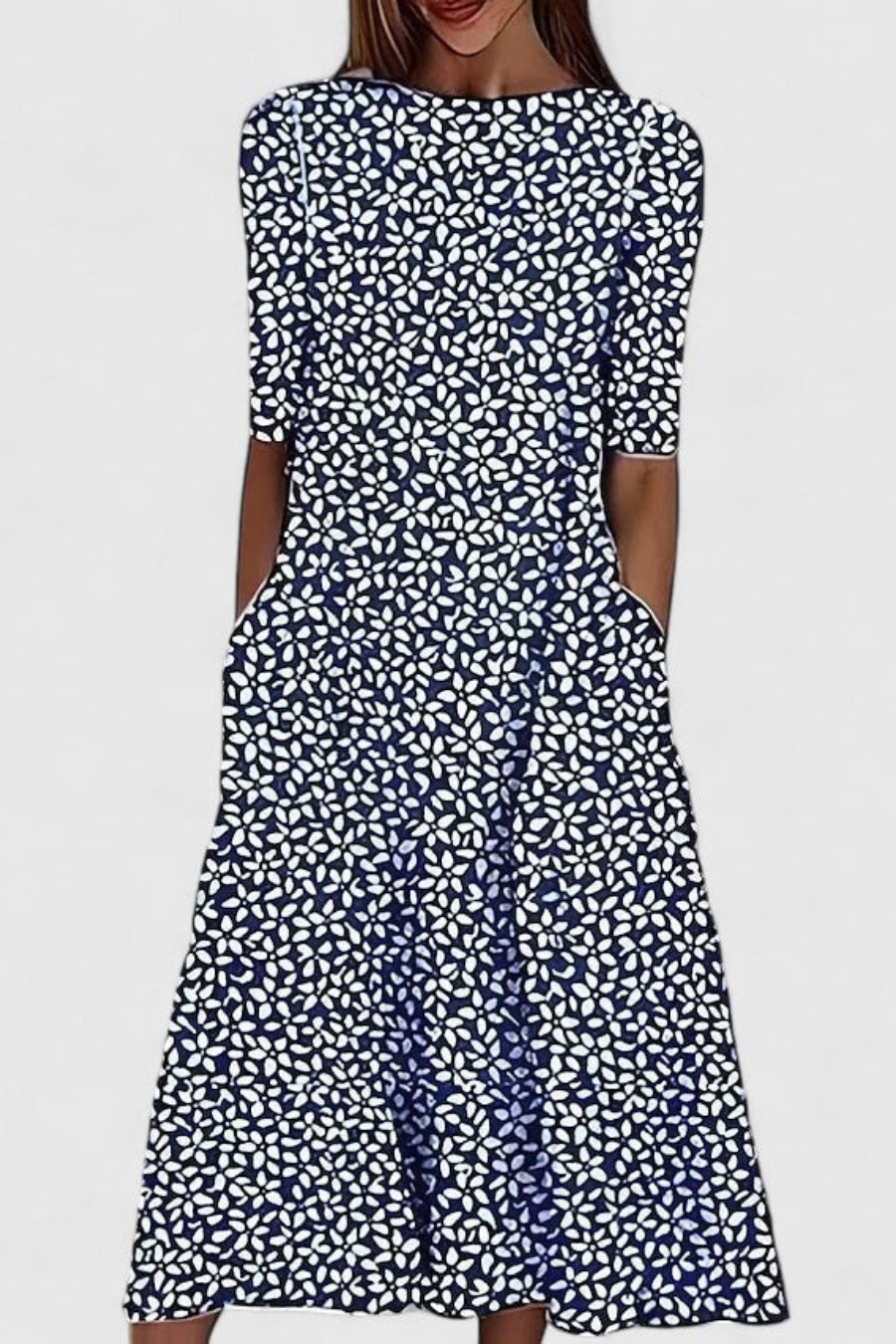Relaxed fit women's floral print A-line midi dress featuring a round neck & short sleeves. Flowy casual summer style.
