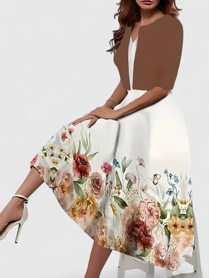 Wedding guest women's floral print colorblock A-line midi dress. Elegant and comfortable with a notch neck.