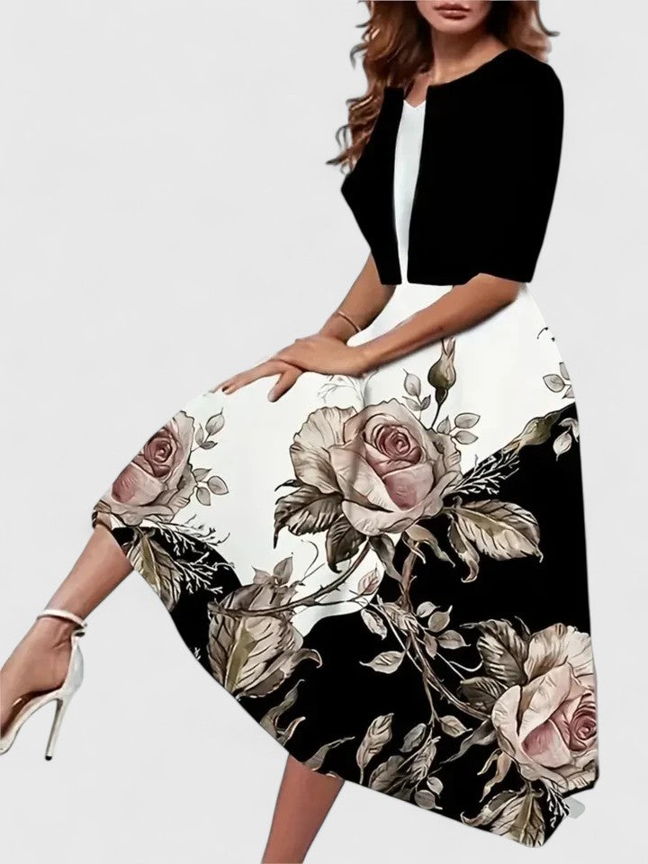Casual chic women's floral colorblock A-line midi dress, 3/4 sleeves, notch neck. Versatile for day or night.