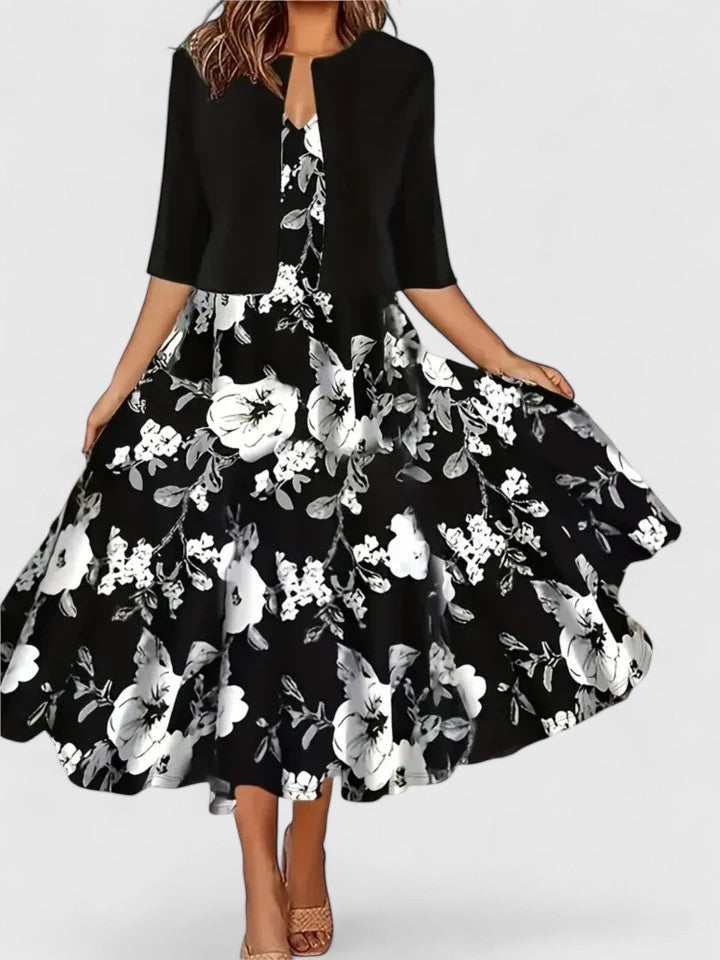 Elegant women's floral colorblock A-line midi dress, notch neck, 3/4 sleeves. Perfect for spring.