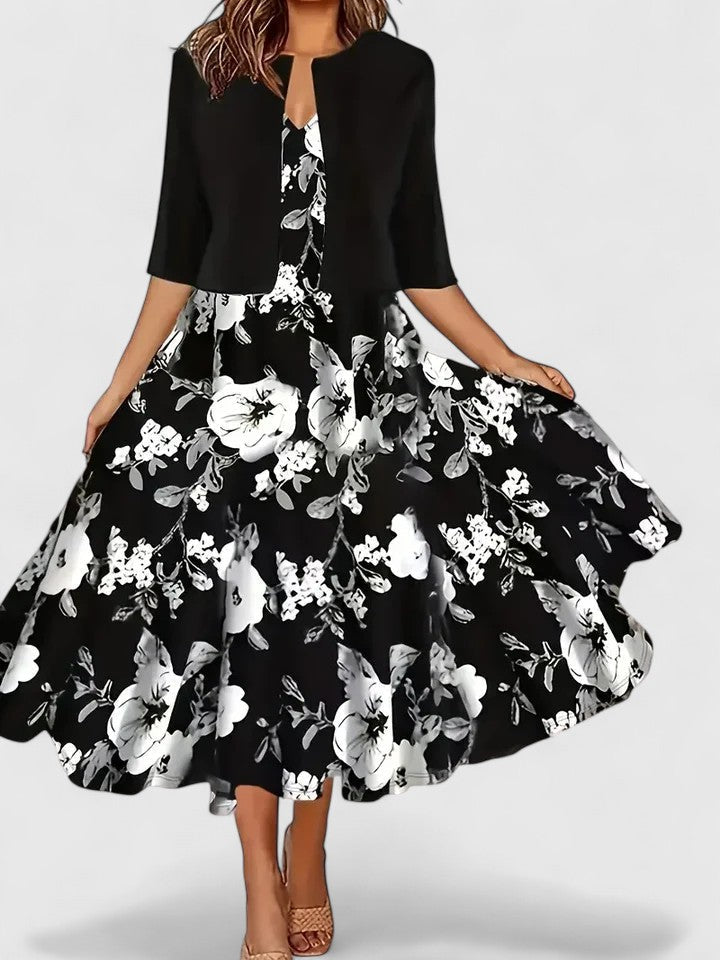Chic women's A-line floral print colorblock midi dress, three-quarter sleeves & unique notch neck.