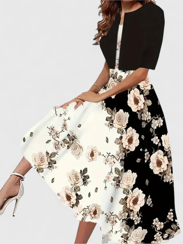 Party-ready women's floral print colorblock A-line midi dress, notch neck. Ideal for special occasions.