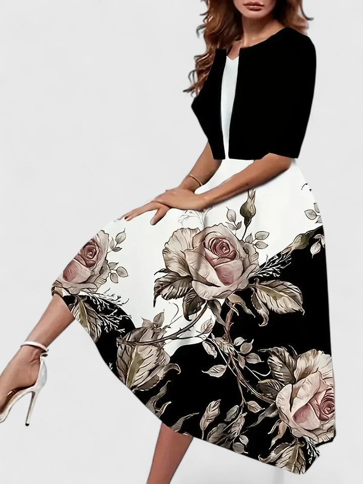 Fashionable women's A-line midi dress: floral and colorblock design with a chic notch neck.