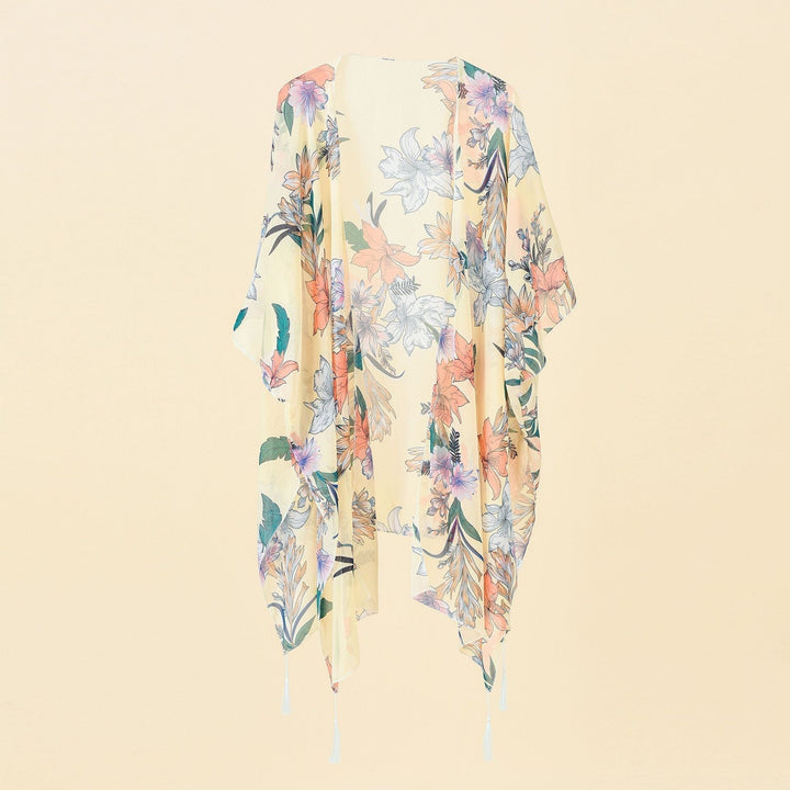 Lightweight boho kimono cover-up for women, featuring a vibrant floral pattern and delicate tassels.