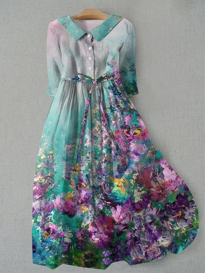 Women's floral print lace-up summer dress with a flowy A-line cut, ideal for casual vintage style or vacation.