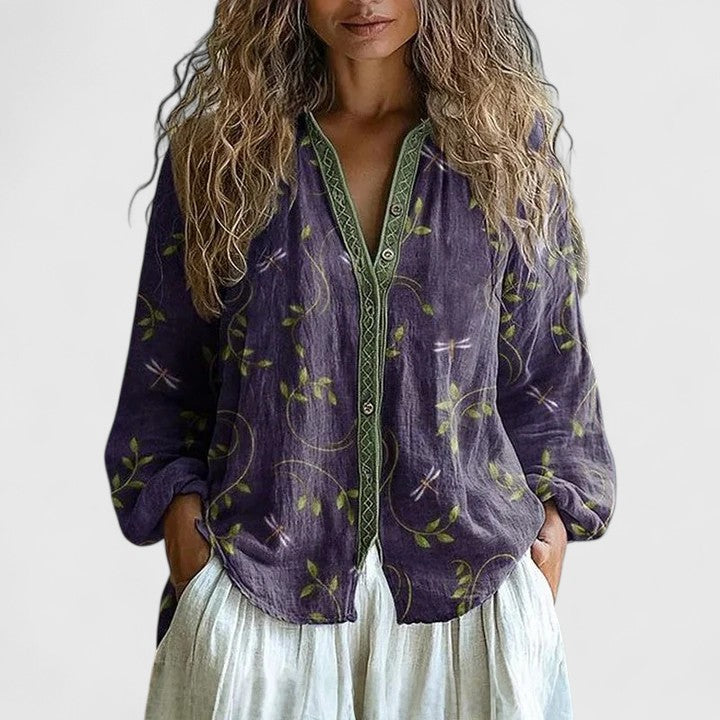 Women's floral print long sleeve blouse with zip front. Elegant bohemian style lightweight top, perfect for spring casual wear.