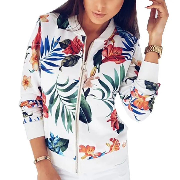 Casual chic women's long sleeve jacket with vibrant floral print, perfect lightweight summer outerwear.